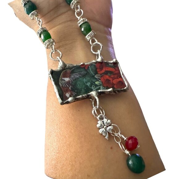 Lena Liu Hummingbird Pendant W/ Silver-Blend Metalwork &amp; Green Quartz Neckla - Picture 8 of 12